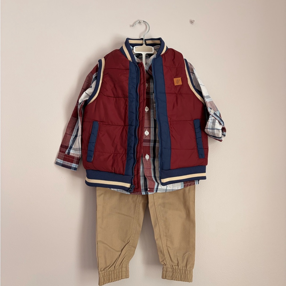 Kids Plaid Shirt and Vest Set - Red and Tan